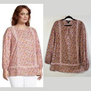 Lands' End Poplin Splitneck Tunic Top Women's Size 1X Pink Ditzy Floral Boho